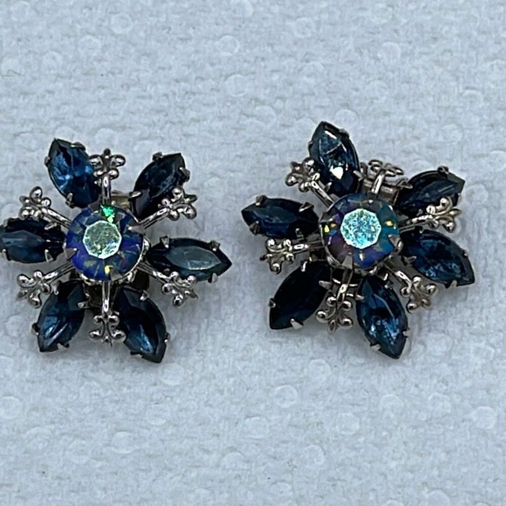Vintage blue Navette and AB coated glass faceted beaded earrings